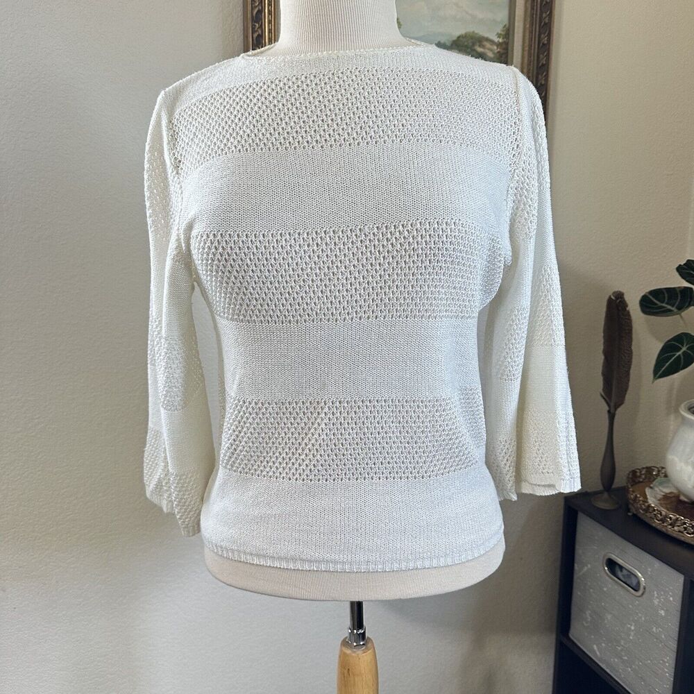 V.I.Petites Ivory Delicate Crochet Knit Style 3/4 Sleeve Top Sweater Sz 10 vtg